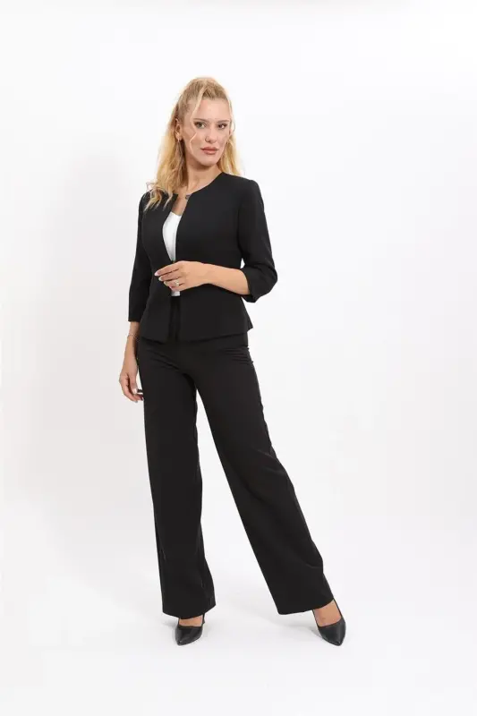Oval Neck Short Jacket & Wide Leg Pants Suit - Black - 2