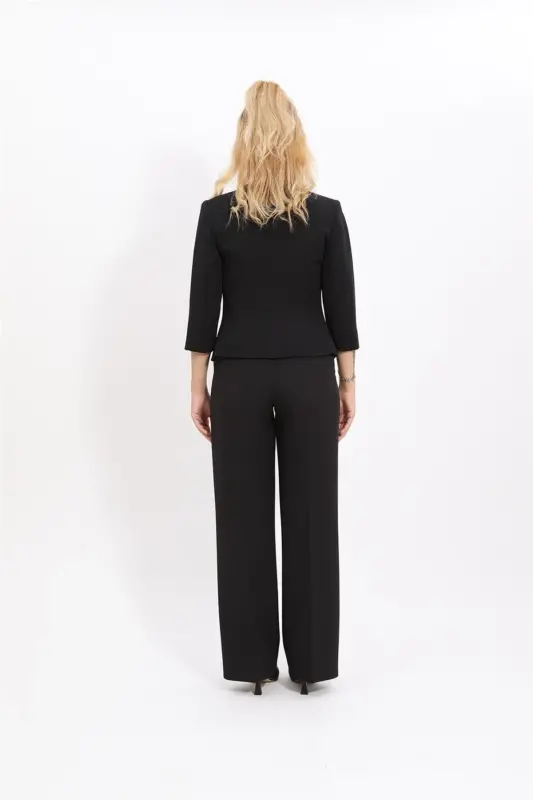 Oval Neck Short Jacket & Wide Leg Pants Suit - Black - 1