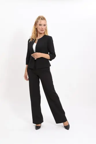 Oval Neck Short Jacket & Wide Leg Pants Suit - Black - ÖNDER ÖZSOY (1)