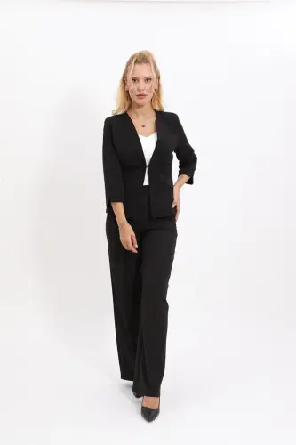 Oval Neck Short Jacket & Wide Leg Pants Suit - Black - 3