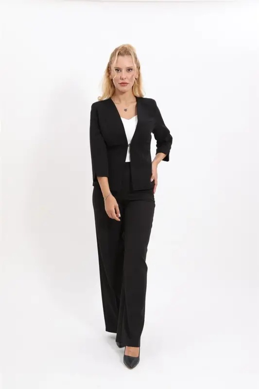 Oval Neck Short Jacket & Wide Leg Pants Suit - Black - 3