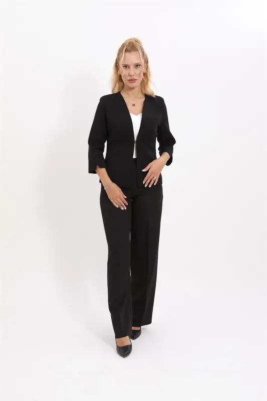 Oval Neck Short Jacket & Wide Leg Pants Suit - Black - 4