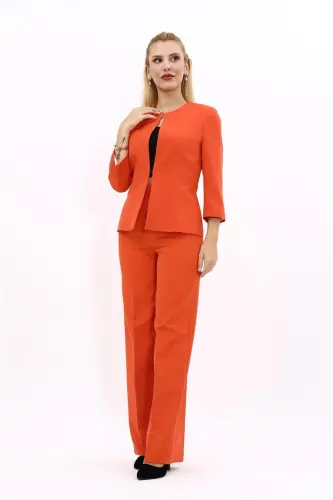 Oval Neck Short Jacket & Wide Leg Pants Suit-orange-Orange 