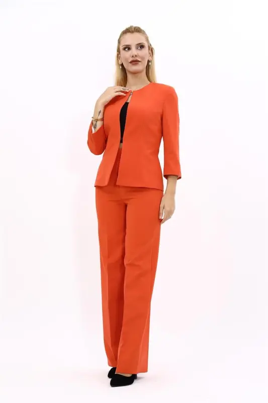 Oval Neck Short Jacket & Wide Leg Pants Suit-orange-Orange - ÖNDER ÖZSOY