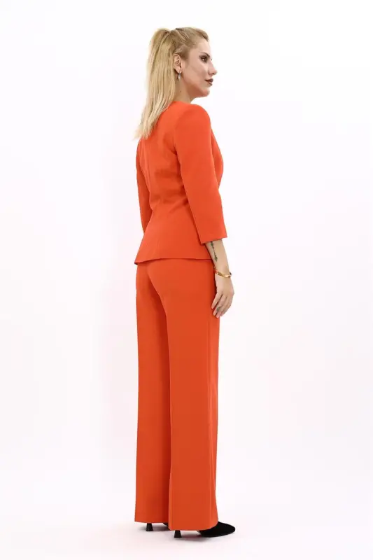 Oval Neck Short Jacket & Wide Leg Pants Suit-orange-Orange - 2