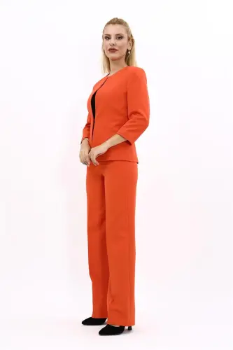 Oval Neck Short Jacket & Wide Leg Pants Suit-orange-Orange - 3