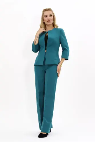 Oval Neck Short Jacket & Wide Leg Pants Suit-Petrol-Petrol 