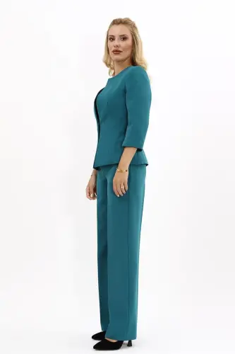 Oval Neck Short Jacket & Wide Leg Pants Suit-Petrol-Petrol - ÖNDER ÖZSOY (1)