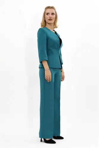 Oval Neck Short Jacket & Wide Leg Pants Suit-Petrol-Petrol - 3