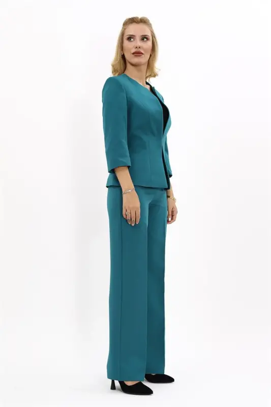 Oval Neck Short Jacket & Wide Leg Pants Suit-Petrol-Petrol - 3