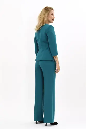 Oval Neck Short Jacket & Wide Leg Pants Suit-Petrol-Petrol - 4