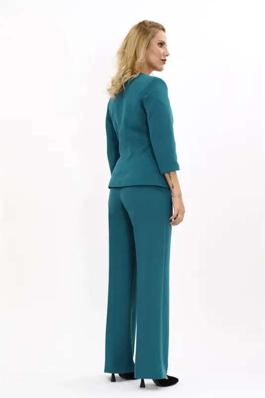 Oval Neck Short Jacket & Wide Leg Pants Suit-Petrol-Petrol - 4