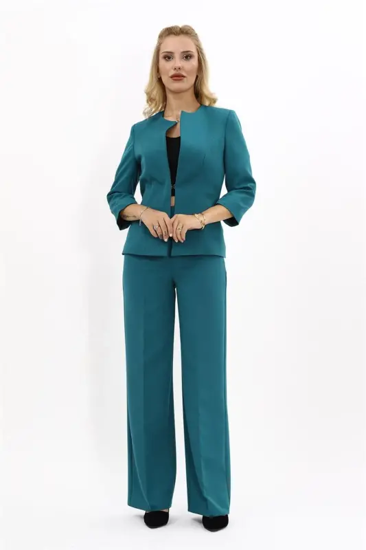 Oval Neck Short Jacket & Wide Leg Pants Suit-Petrol-Petrol - 5