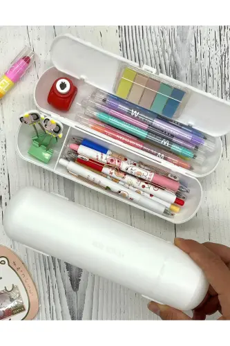 Oval Sert Kapaklı Beyaz Kalem Kutu / Çanta / Pencil Box / Düzenleyici-BEYAZ - 1