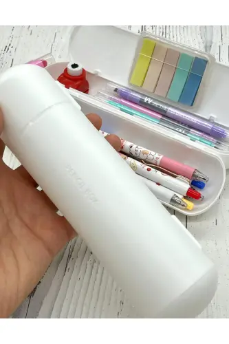 Oval Sert Kapaklı Beyaz Kalem Kutu / Çanta / Pencil Box / Düzenleyici-BEYAZ - KAĞIT GEMI DÜKKAN (1)