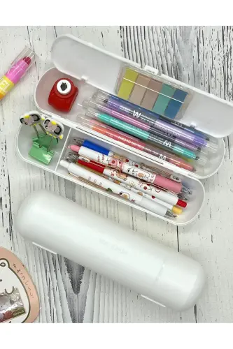 Oval Sert Kapaklı Beyaz Kalem Kutu / Çanta / Pencil Box / Düzenleyici-BEYAZ - 4