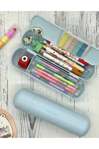 Oval Sert Kapaklı Mavi Kalem Kutu / Çanta / Pencil Box / Düzenleyici-MAVİ - KAĞIT GEMI DÜKKAN (1)