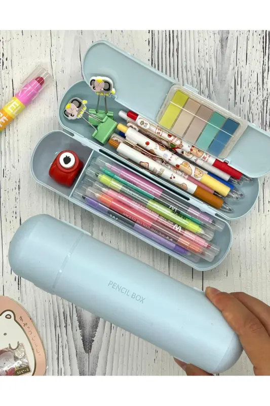 Oval Sert Kapaklı Mavi Kalem Kutu / Çanta / Pencil Box / Düzenleyici-MAVİ - 3
