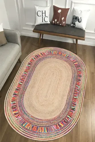 Oval Wicker Pattern Digital Print Washable Non-Slip Base Living Room Kitchen Balcony Rug Runner - 5