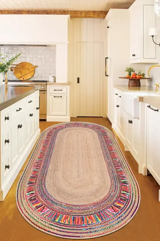 Oval Wicker Pattern Digital Print Washable Non-Slip Base Living Room Kitchen Balcony Rug Runner - 7