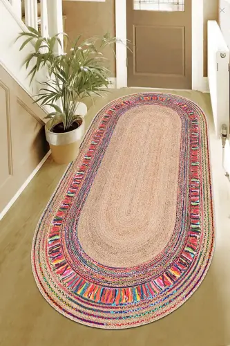 Oval Wicker Pattern Digital Print Washable Non-Slip Base Living Room Kitchen Balcony Rug Runner - 5