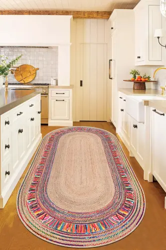 Oval Wicker Pattern Digital Print Washable Non-Slip Base Living Room Kitchen Balcony Rug Runner - 6