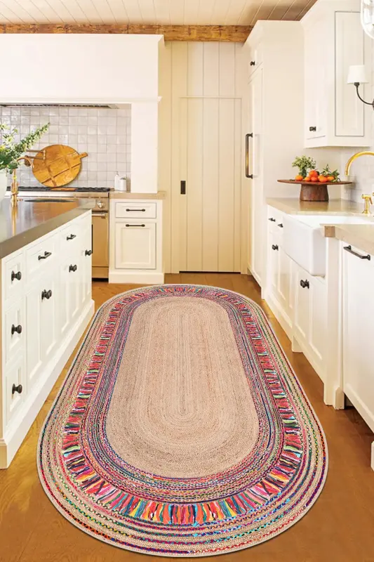 Oval Wicker Pattern Digital Print Washable Non-Slip Base Living Room Kitchen Balcony Rug Runner - 6