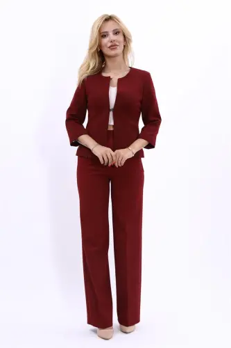 Sıfır Yaka Düz Kısa Ceket & Bol Paça Pantolon Takım-Bordo-Bordo - 5