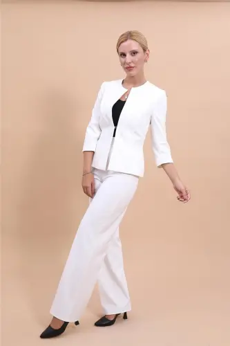 Sıfır Yaka Düz Kısa Ceket & Bol Paça Pantolon Takım-Beyaz-Ekru 