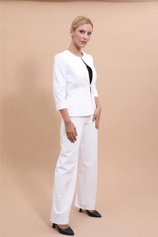 Oval Yaka Kısa Ceket & Bol Paça Pantolon Takım-Ekru-Ekru - 4