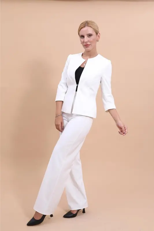 Oval Yaka Kısa Ceket & Bol Paça Pantolon Takım-Ekru-Ekru - ÖNDER ÖZSOY