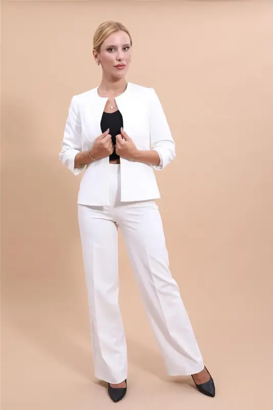 Oval Yaka Kısa Ceket & Bol Paça Pantolon Takım-Ekru-Ekru - 2