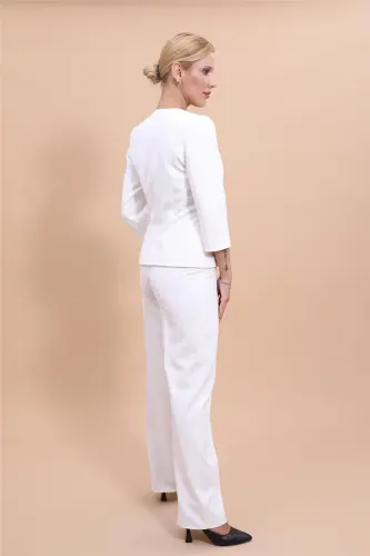 Oval Yaka Kısa Ceket & Bol Paça Pantolon Takım-Ekru-Ekru - 3