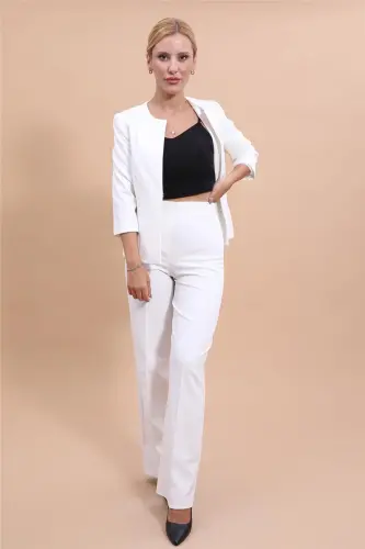 Oval Yaka Kısa Ceket & Bol Paça Pantolon Takım-Ekru-Ekru - 5