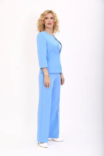 Oval Yaka Kısa Ceket & Bol Paça Pantolon Takım-Gökyüzü-Bebe Mavisi - 2