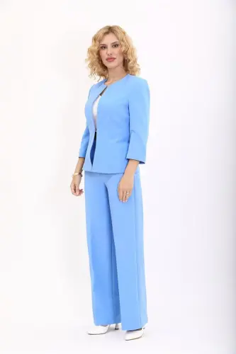 Oval Yaka Kısa Ceket & Bol Paça Pantolon Takım-Gökyüzü-Bebe Mavisi - 3