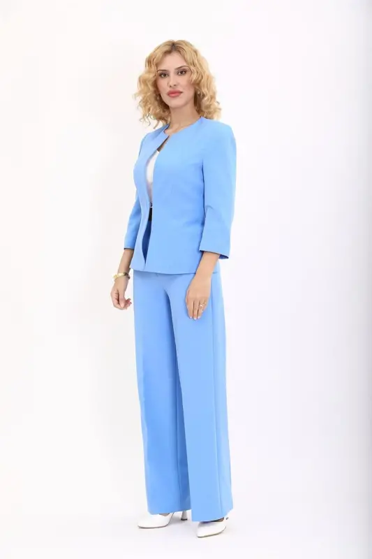 Oval Yaka Kısa Ceket & Bol Paça Pantolon Takım-Gökyüzü-Bebe Mavisi - 3