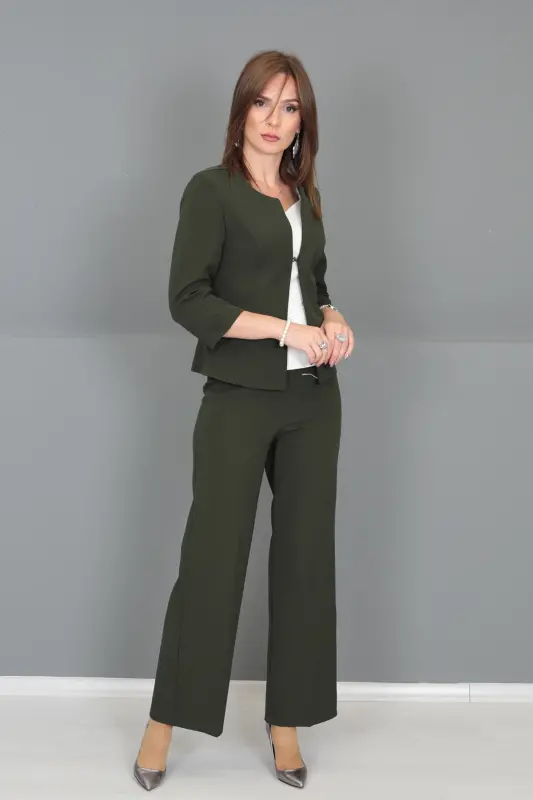 Oval Yaka Kısa Ceket & Bol Paça Pantolon Takım-haki - Haki - 2