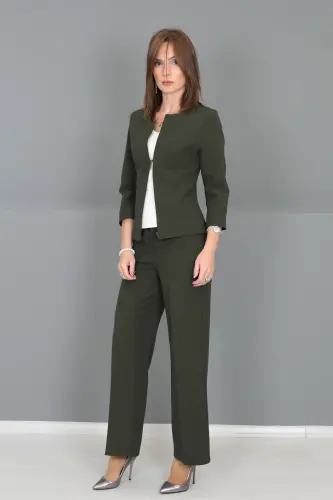 Oval Yaka Kısa Ceket & Bol Paça Pantolon Takım-haki - Haki - 3