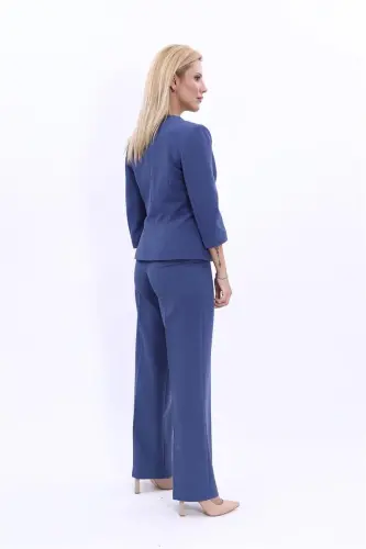 Sıfır Yaka Düz Kısa Ceket & Bol Paça Pantolon Takım-İndigo-İndigo - 4