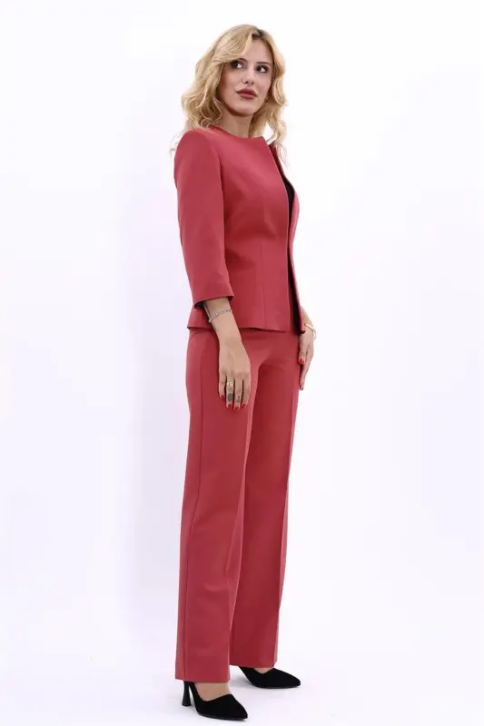 Sıfır Yaka Düz Kısa Ceket & Bol Paça Pantolon Takım-Kiremit-Kiremit - 5