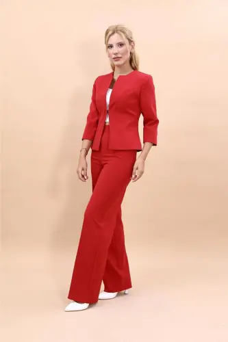 Sıfır Yaka Düz Kısa Ceket & Bol Paça Pantolon Takım-Kırmızı-Kırmızı 