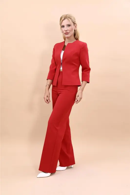 Sıfır Yaka Düz Kısa Ceket & Bol Paça Pantolon Takım-Kırmızı-Kırmızı - 1
