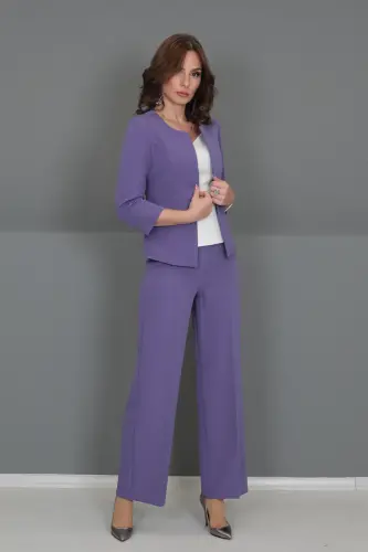 Sıfır Yaka Düz Kısa Ceket & Bol Paça Pantolon Takım-Lila-Lila - 2