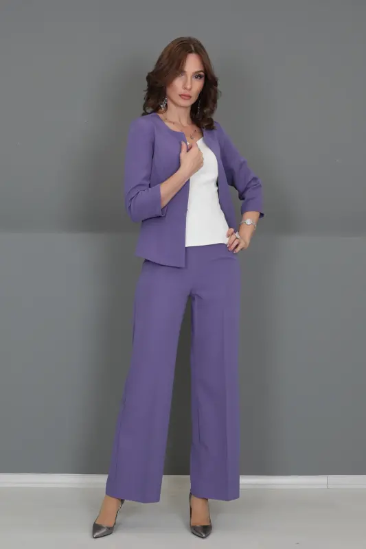 Sıfır Yaka Düz Kısa Ceket & Bol Paça Pantolon Takım-Lila-Lila - 4