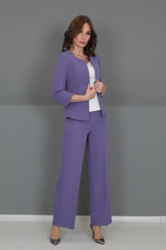 Oval Yaka Kısa Ceket & Bol Paça Pantolon Takım-lila-Lila - 2