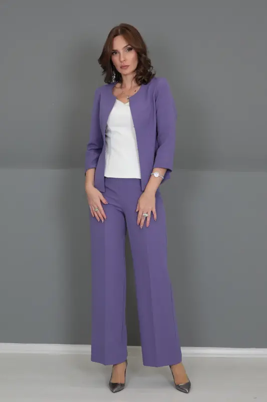 Oval Yaka Kısa Ceket & Bol Paça Pantolon Takım-lila-Lila - 3