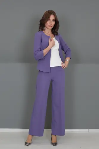 Oval Yaka Kısa Ceket & Bol Paça Pantolon Takım-lila-Lila - 4