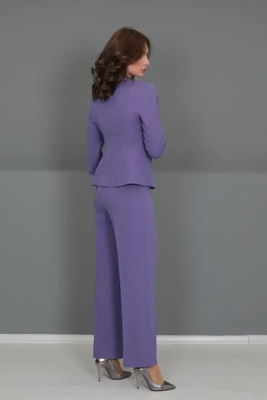 Oval Yaka Kısa Ceket & Bol Paça Pantolon Takım-lila-Lila - 5