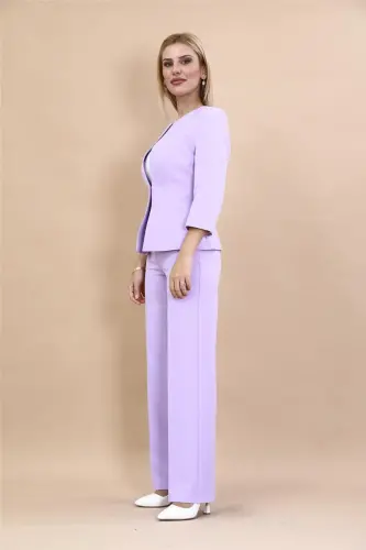 Oval Yaka Kısa Ceket & Bol Paça Pantolon Takım-Menekşe-Açık Lila - 5